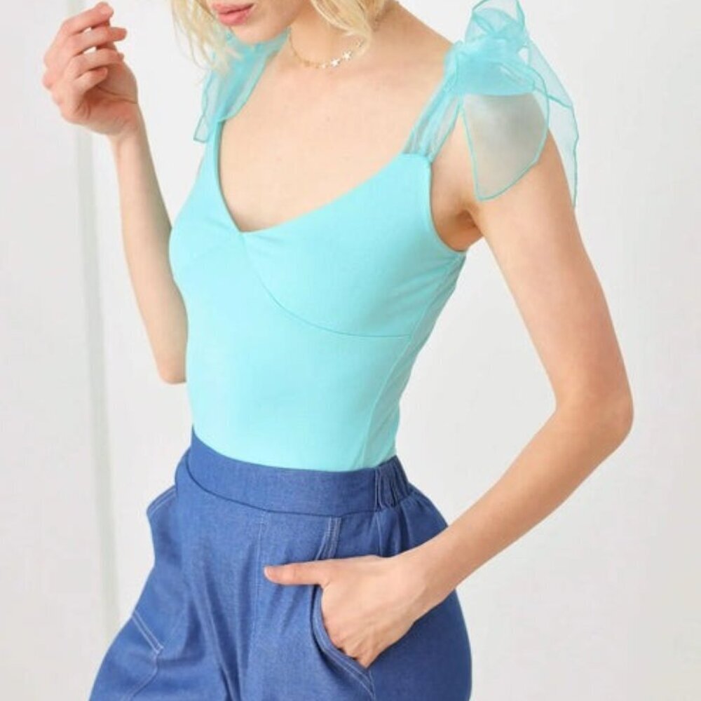 LE LIS Bodysuit Leotard w/Organza Ribbon Shoulder Ties V-Neck Aqua Teal Blue